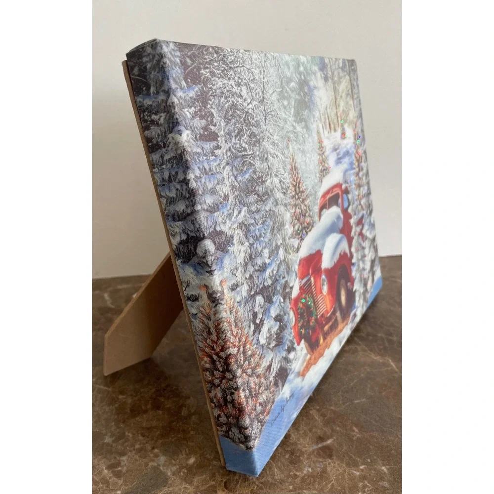 2 Celebrate Life Gallery LED Lighted Canvas Print Red Truck Snowy Forest Holiday